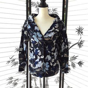 H&M Black Floral Boat V Neck Button Down Blouse